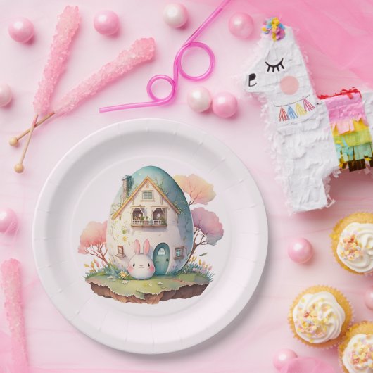 Pink Pastel Bunny Rabbit & House Pappteller (Party)
