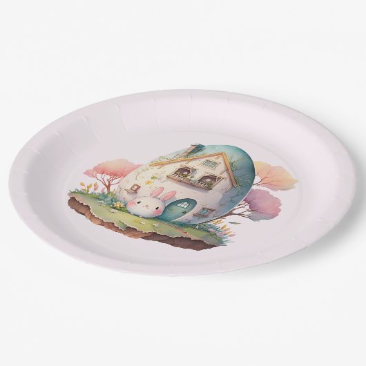 Pink Pastel Bunny Rabbit & House Pappteller (Schrägansicht)