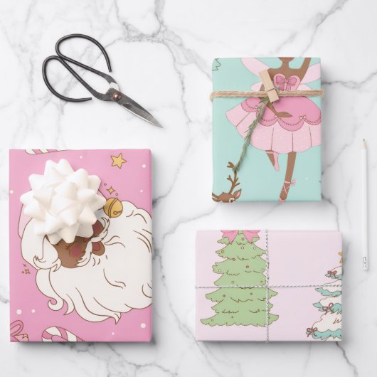 Pink Pastel Christmas Black Santa & Ballerina Geschenkpapier Set (Vorderseite)