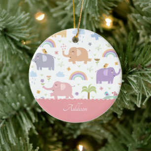 Pink Pastel Elephant Pattern Little Girl Keramik Ornament