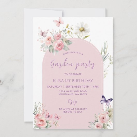 Pink Pastel Floral Butterfly Garden Party Einladung (Vorderseite)