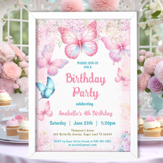 Pink Pastel Floral Summer Butterfly Girl Geburtsta Einladung