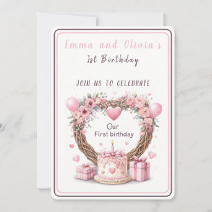 Pink Pastel Floral Wreath Twins Erster Geburtstag Einladung