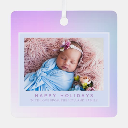 Pink Pastel Foto Happy Holiday Ornament Aus Metall (Vorderseite)