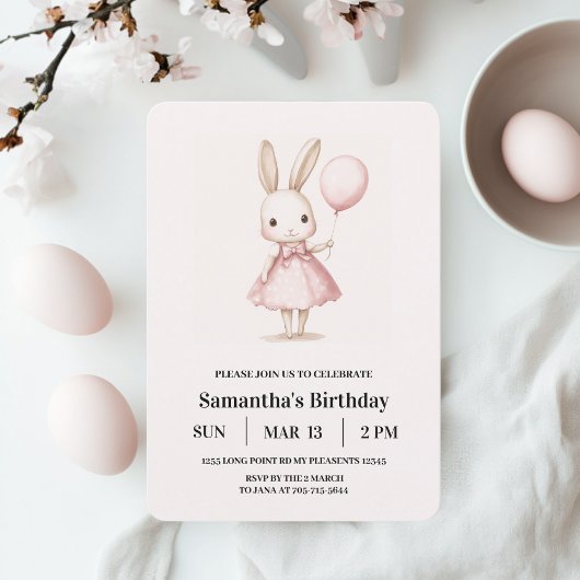 Pink Pastel Girl Bunny Oster Kindergeburtstag Einladung