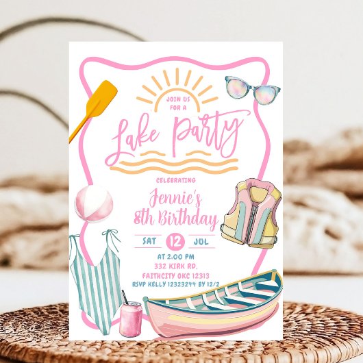Pink pastel girl Lake party birthday Einladung