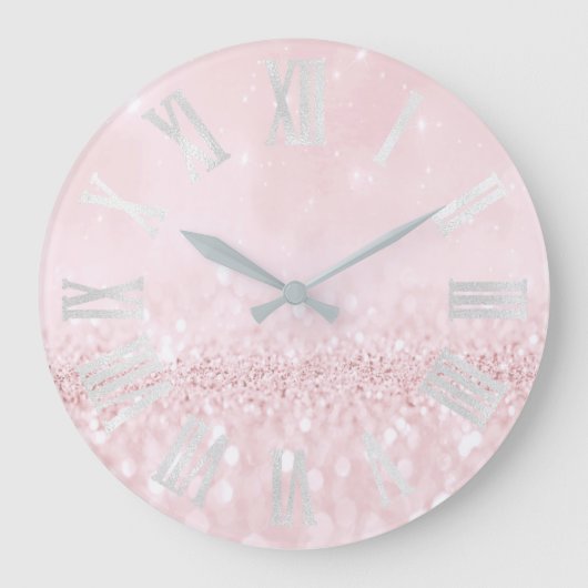 Pink Pastel Girly Glitzer Gray Roman Numbers Große Wanduhr (Vorderseite)