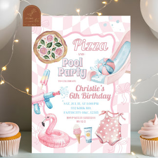 Pink Pastel Groovy Pizza und Pool Sommer Geburtsta Einladung