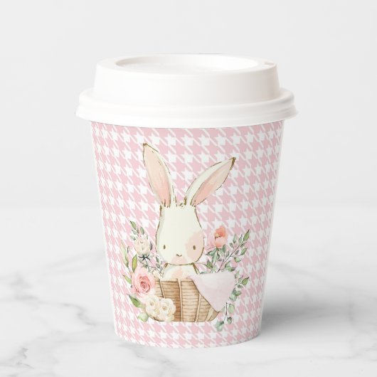 Pink Pastel Hahnentrittmuster Bunny Rabbit Pappbecher (Vorderseite)