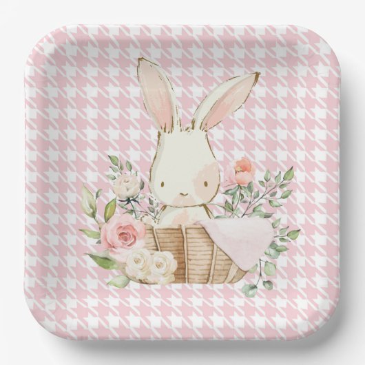 Pink Pastel Hahnentrittmuster Bunny Rabbit Pappteller (Vorderseite)