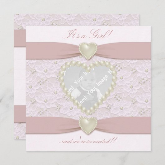 Pink Pastel Lace Pearl Baby Foto Ankündigung (Vorne/Hinten)