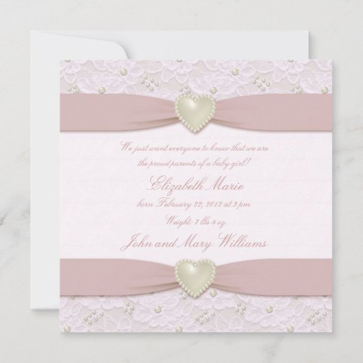 Pink Pastel Lace Pearl Baby Foto Ankündigung (Rückseite)