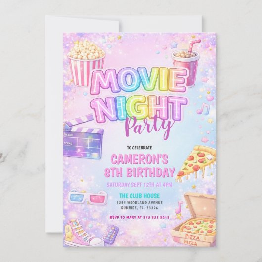 Pink Pastel Movie Night Birthday Party  Einladung (Vorderseite)