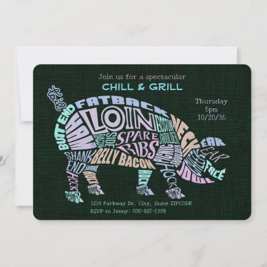 Pink Pastel Pork Cuts Typogram Word Cloud GRILLEN Einladung (Vorderseite)