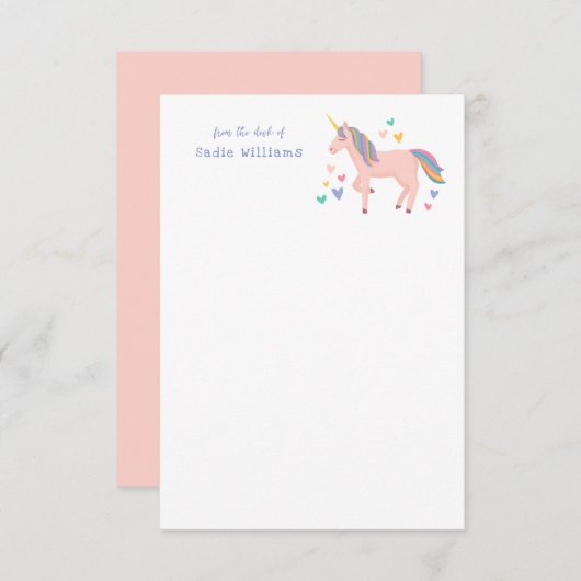 Pink Pastel Rainbow Unicorn Kinder Persönliche Not Dankeskarte (Vorne/Hinten)