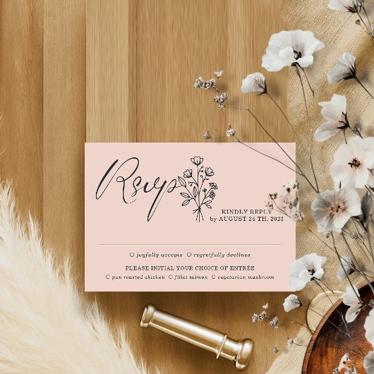 Pink Pastel Reply Boho Minimalistisch Botanicals RSVP Karte