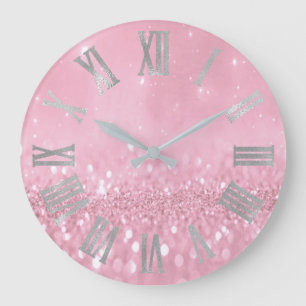 Pink Pastel Rose Glitter Gray Roman Numbers Große Wanduhr