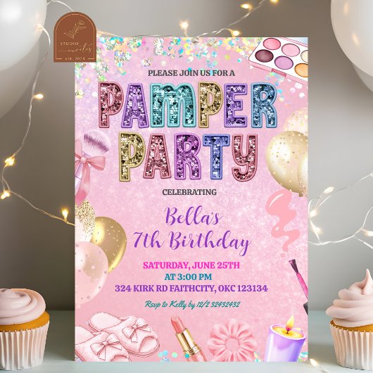 Pink Pastel Sequin Glitter Pamper Party Birthday Einladung