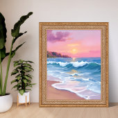 Pink Pastel Skies | Ocean Watercolor Beach Waves Poster