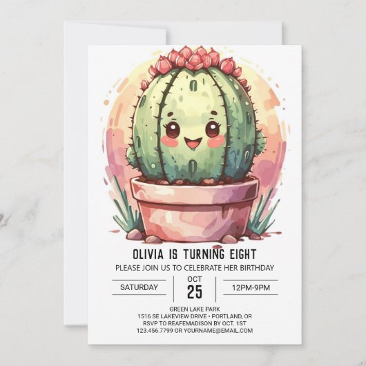 Pink Pastel Watercolor Cactus Girl Birthday Einladung (Vorderseite)