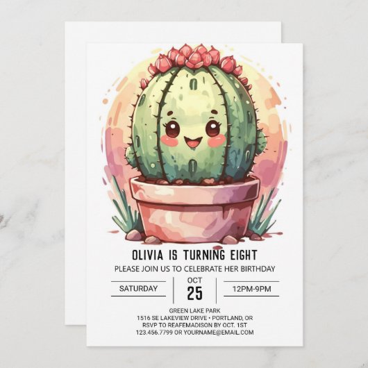 Pink Pastel Watercolor Cactus Girl Birthday Einladung (Vorne/Hinten)