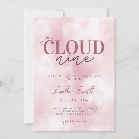 Pink Pastel Wir sind auf Cloud Nine Baby Shower Einladung (Vorderseite)