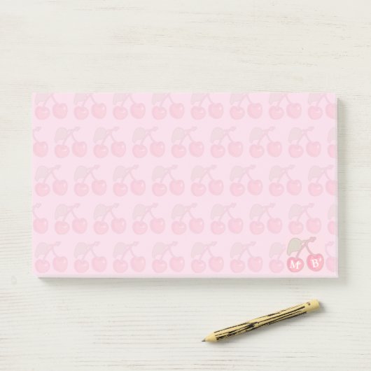 Pink Pastell Cherries Muster Monogram Post-it Klebezettel (Auf Schreibtisch)