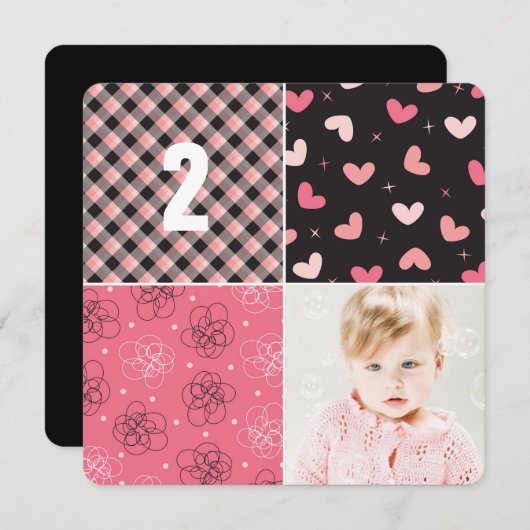 Pink Patchwork Pattern Squares Girl Foto Geburtsta Einladung (Vorne/Hinten)