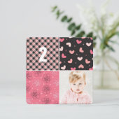 Pink Patchwork Pattern Squares Girl Foto Geburtsta Einladung (Stehend Vorderseite)