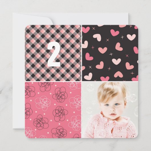 Pink Patchwork Pattern Squares Girl Foto Geburtsta Einladung (Vorderseite)