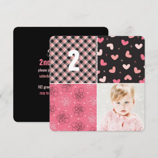 Pink Patchwork Pattern Squares Girl Foto Geburtsta Einladung