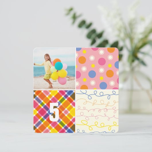 Pink Patchwork Pattern Squares Girl Foto Geburtsta Einladung (Stehend Vorderseite)