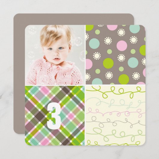 Pink Patchwork Pattern Squares Girl Foto Geburtsta Einladung (Vorne/Hinten)