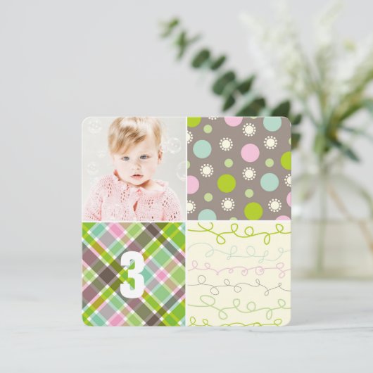 Pink Patchwork Pattern Squares Girl Foto Geburtsta Einladung (Stehend Vorderseite)