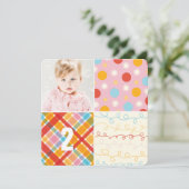 Pink Patchwork Pattern Squares Girl Foto Geburtsta Einladung (Stehend Vorderseite)