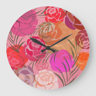 Pink pattern with flowers and plants große wanduhr