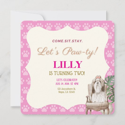 Pink Paw Hund Geburtstagsparty Einladung (Vorderseite)