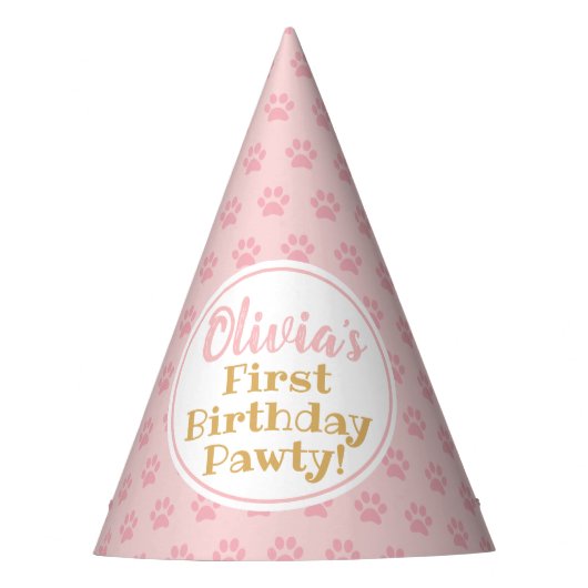 PINK PAW PRINT Girl's Birthday Paper Partyhütchen (Vorderseite)