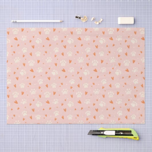 Pink Paw Print Heart Pattern Seidenpapier (Handwerk)
