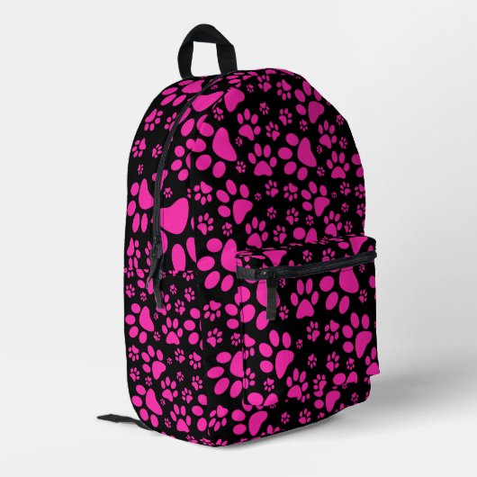 Pink Paw Prints Black Bedruckter Rucksack (Rückseitige Ecke links)