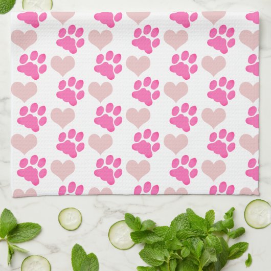 Pink Pawprints und Herz Geschirrtuch (Gefaltet)