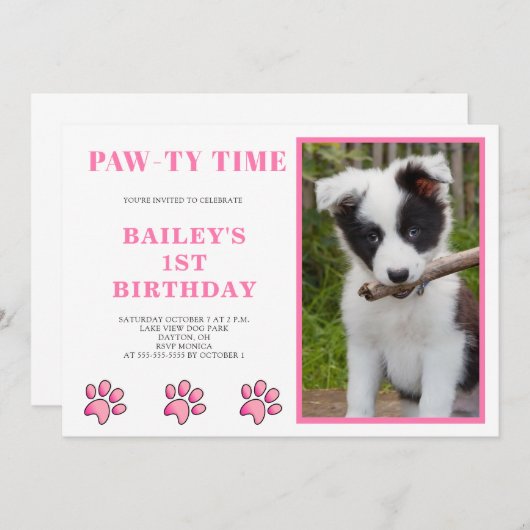 Pink Pawty Time Hund Geburtstag Einladung (Vorne/Hinten)