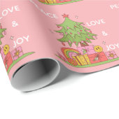 Pink Peace, Liebe & Joy Retro Weihnachtsbaum Geschenkpapier (Rolleneckpunkt)