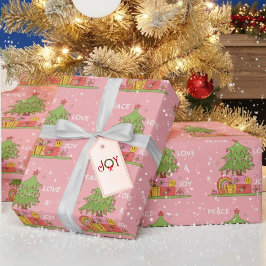 Pink Peace, Liebe & Joy Retro Weihnachtsbaum Geschenkpapier