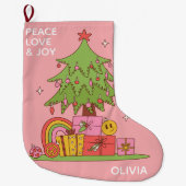 Pink Peace, Liebe & Joy Retro Weihnachtsbaum Großer Weihnachtsstrumpf (Vorderseite)