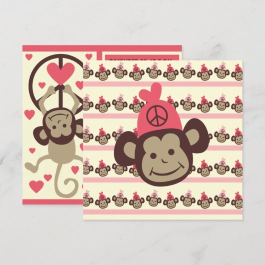 Pink Peace Monkey Custom Birthday Einladung (Vorne/Hinten)