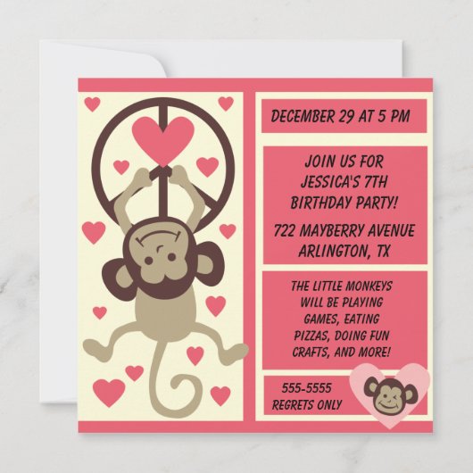 Pink Peace Monkey Custom Birthday Einladung (Rückseite)