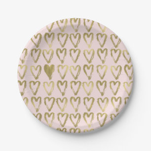 Pink Peach and Gold Hearts Wedding Pappteller