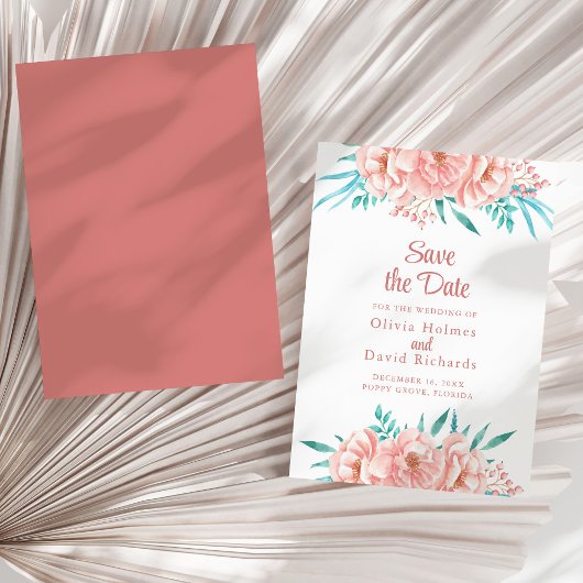 Pink Peach and Turquoise Floral Save the Date Card