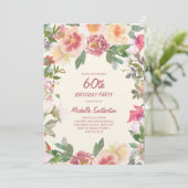 Pink Peach Aquarell Floral 60. Geburtstag Einladung (Stehend Vorderseite)